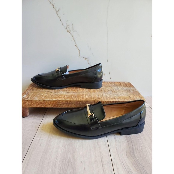 Shoes - Metal Buckle Loafers Womens EUR 40 Black Faux Leather Horsebit Round Toe Shoes